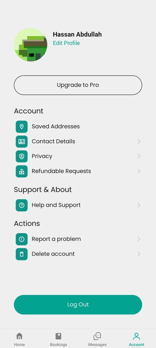 Account screen with addresses, contact details, and support options