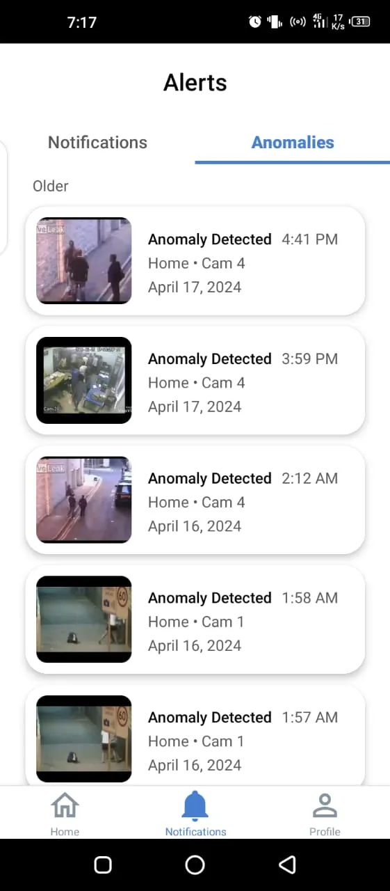 Anomaly alerts with video thumbnails and detection times