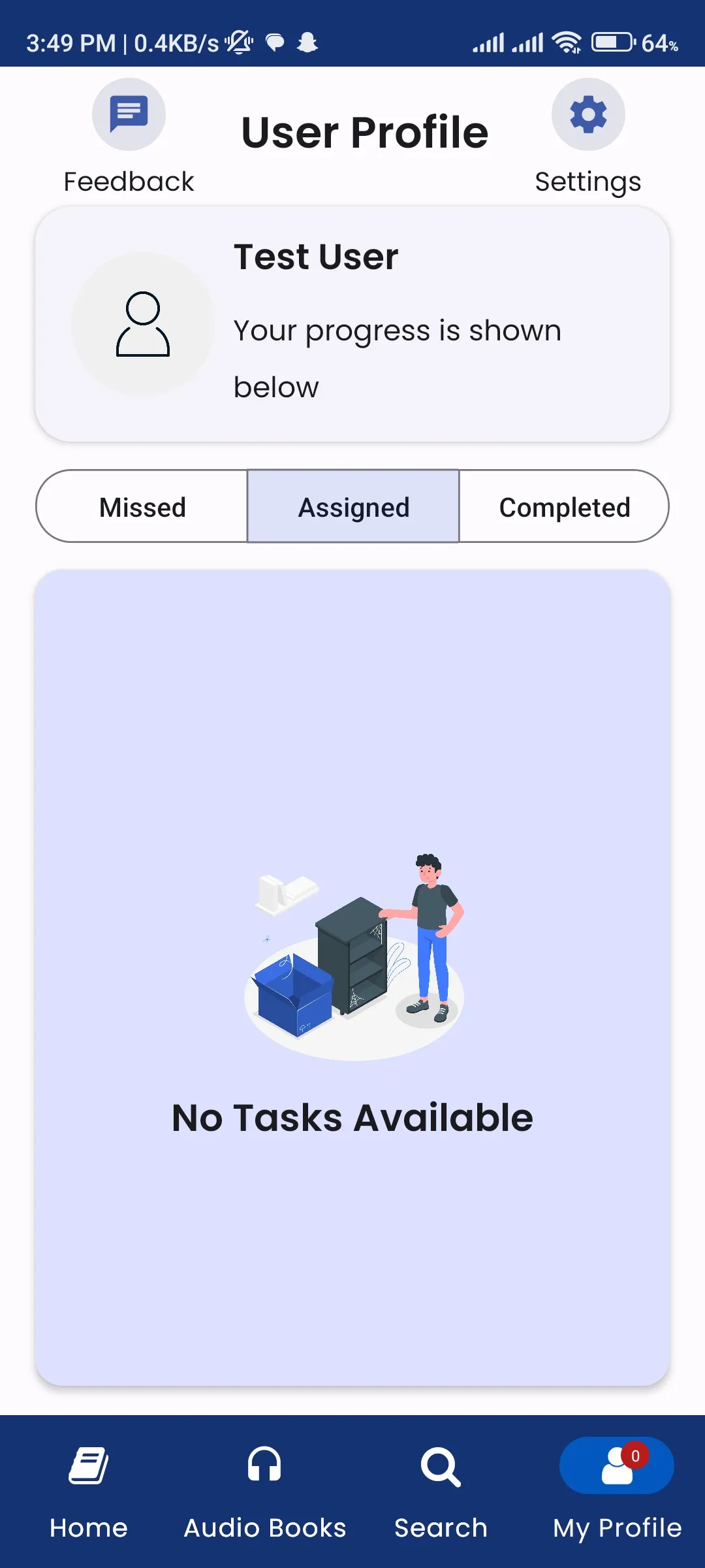 User profile with assignment tabs and progress area
