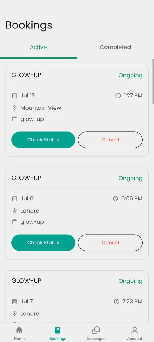 Active bookings with status buttons and service details