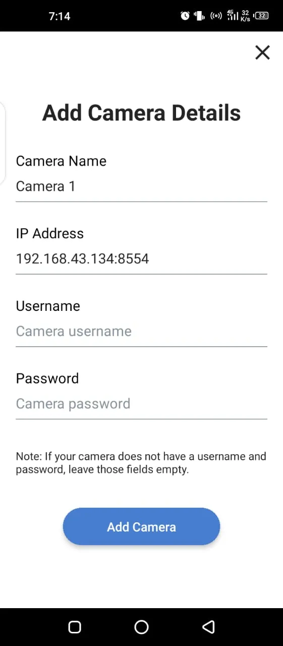 Camera details form with network address and credential fields