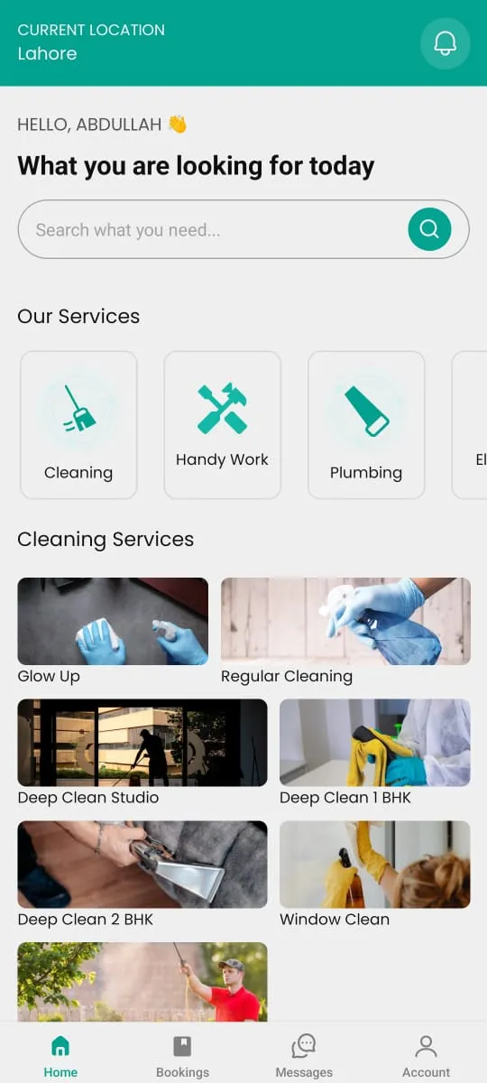 TaskHorse home screen with service categories and cleaning options