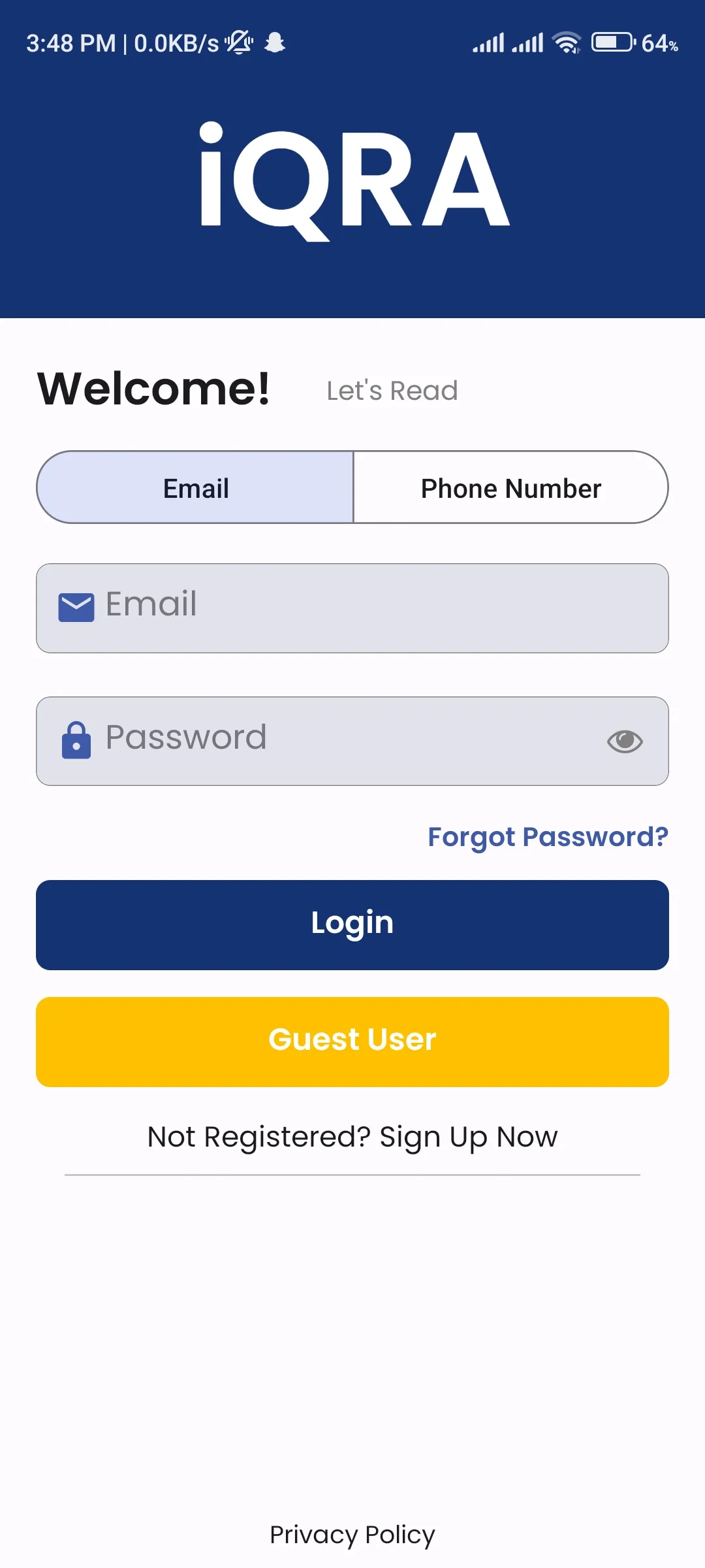IQRA login screen with email and phone options