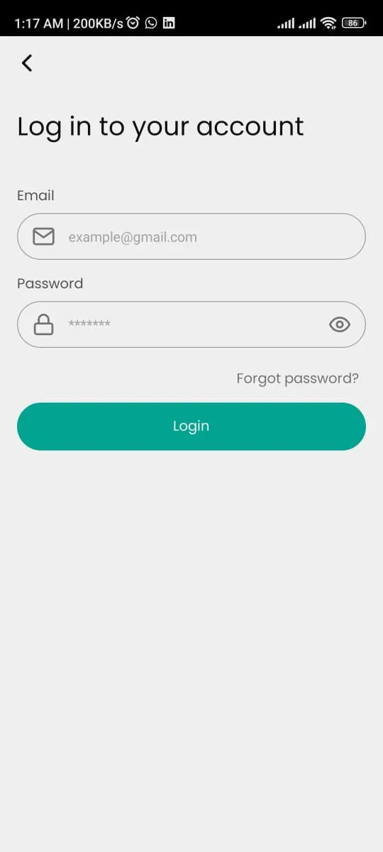 Login screen with email and password fields
