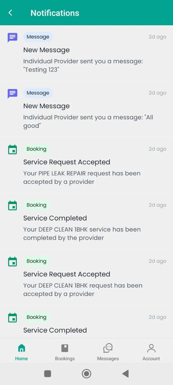 Notifications for provider messages and booking updates