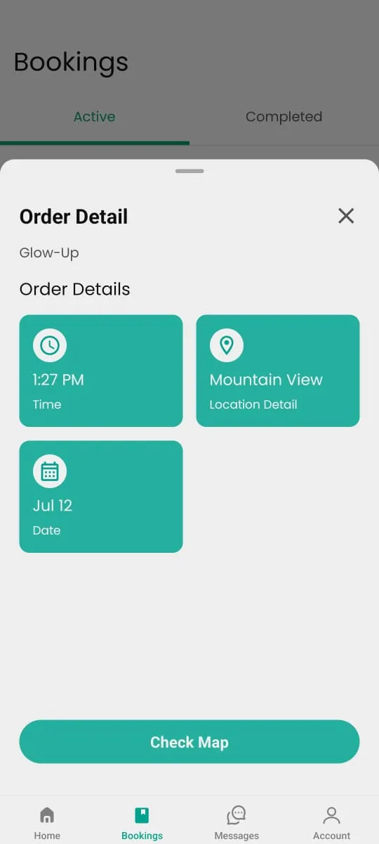 Order details showing booking time, location, and date