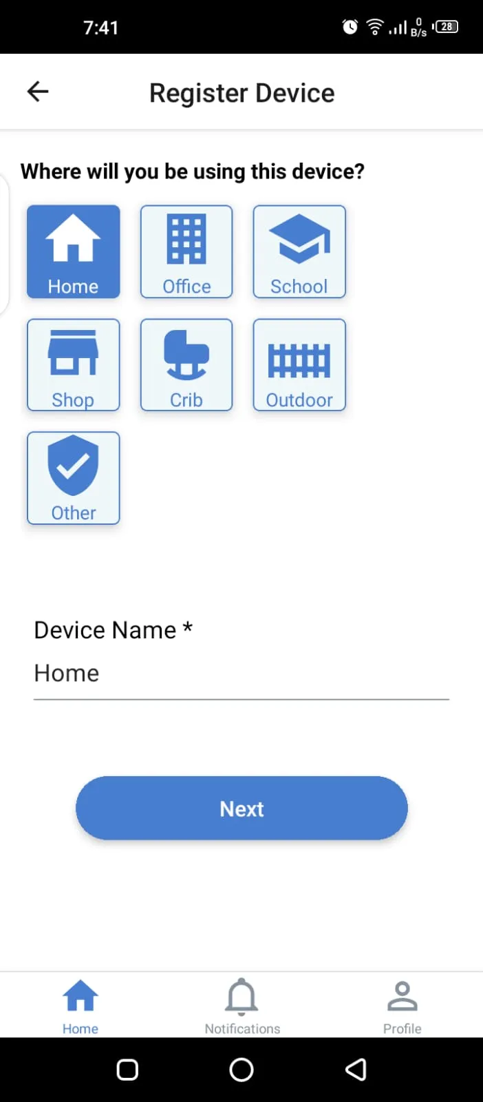 Device registration form with location types and device name