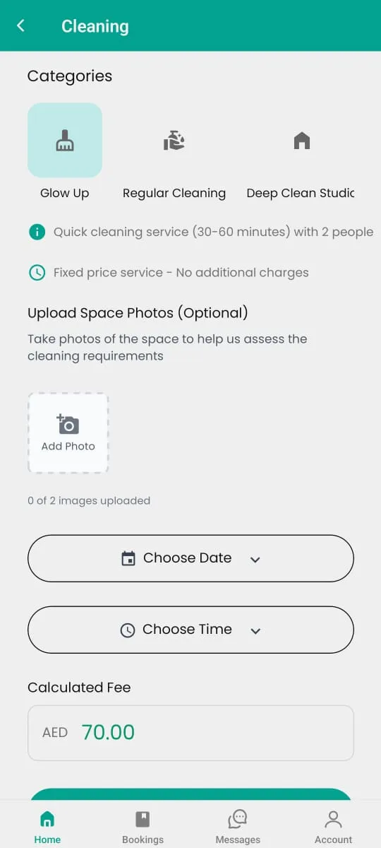 Cleaning service booking screen with date, time, and calculated fee