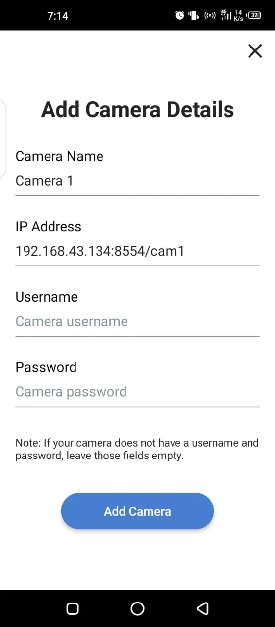 Camera details form with a stream path in the network address