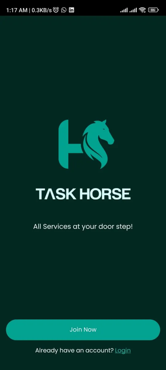 TaskHorse welcome screen with logo and sign-up button